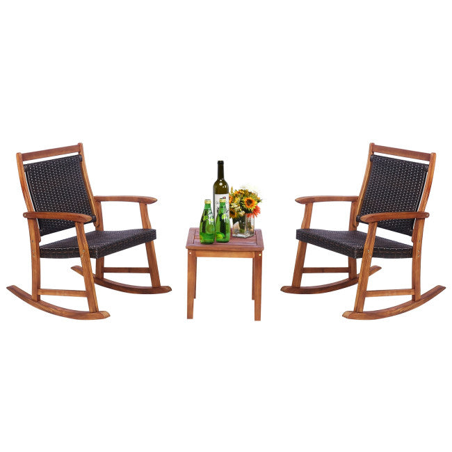 3 Pieces Outdoor Rocking Chair Set Patio Acacia Wood Rocker Bistro Set with Side Table