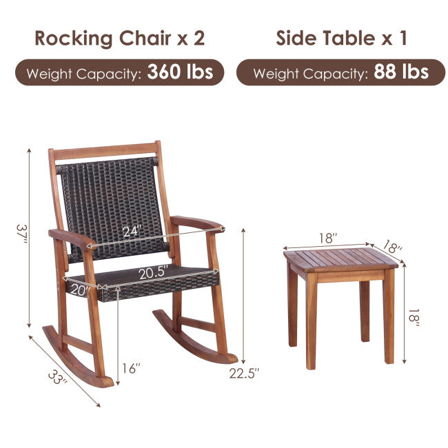 3 Pieces Outdoor Rocking Chair Set Patio Acacia Wood Rocker Bistro Set with Side Table