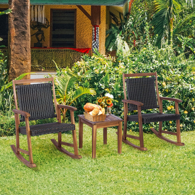 3 Pieces Outdoor Rocking Chair Set Patio Acacia Wood Rocker Bistro Set with Side Table