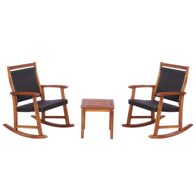 3 Pieces Outdoor Rocking Chair Set Patio Acacia Wood Rocker Bistro Set with Side Table