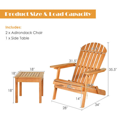 3 Pieces Patio Adirondack Chair Set Outdoor Wooden Chairs and Table Set with Widened Armrest