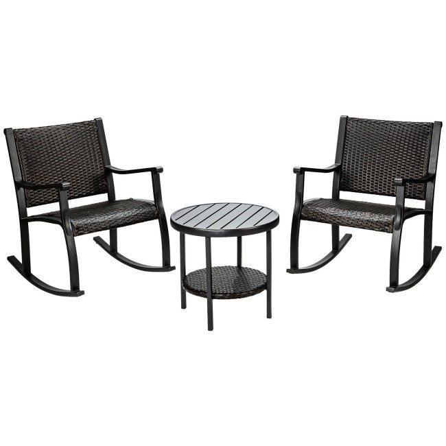 3 Pieces Patio Rattan Rocking Chair and Table Set Outdoor Bistro Set Conversation Sets with Coffee Table