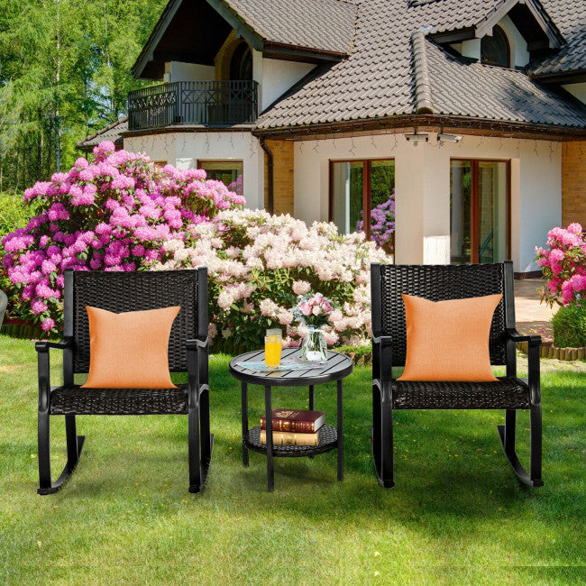 3 Pieces Patio Rattan Rocking Chair and Table Set Outdoor Bistro Set Conversation Sets with Coffee Table