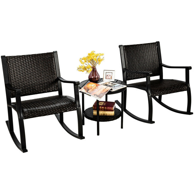 3 Pieces Patio Rattan Rocking Chair and Table Set Outdoor Bistro Set Conversation Sets with Coffee Table