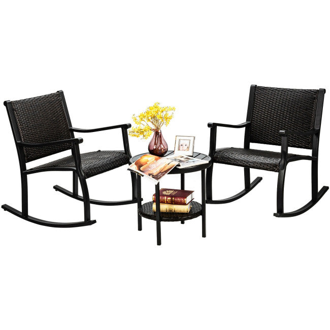 3 Pieces Patio Rattan Rocking Chair and Table Set Outdoor Bistro Set Conversation Sets with Coffee Table