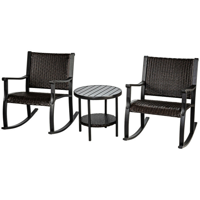 3 Pieces Patio Rattan Rocking Chair and Table Set Outdoor Bistro Set Conversation Sets with Coffee Table