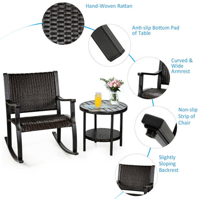 3 Pieces Patio Rattan Rocking Chair and Table Set Outdoor Bistro Set Conversation Sets with Coffee Table