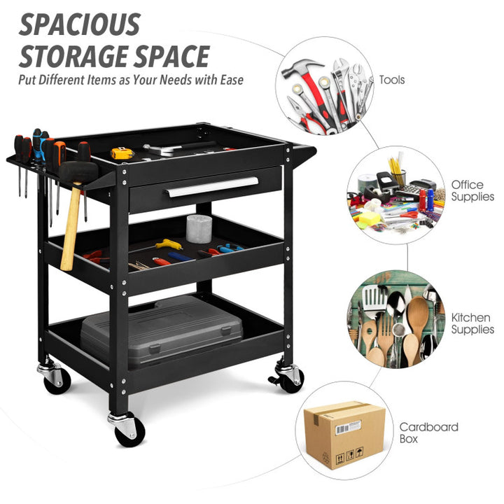3 Tier Rolling Tool Cart 330 LBS Heavy Duty Utility Trolley Organizer with Drawer