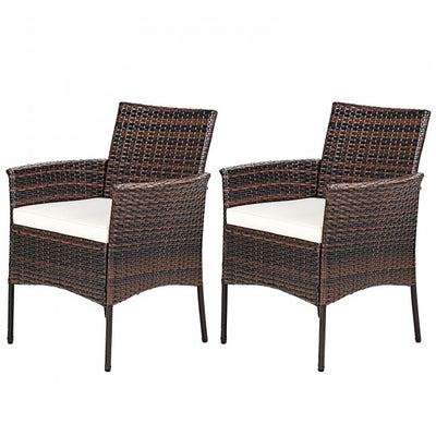 2 Pieces Rattan Arm Dining Chair Cushioned Sofa Furniture Patio