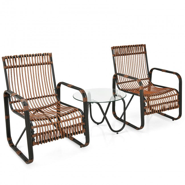 3 Pieces Outdoor Rattan Furniture Set Patio Conversation Set with Tempered Glass Table