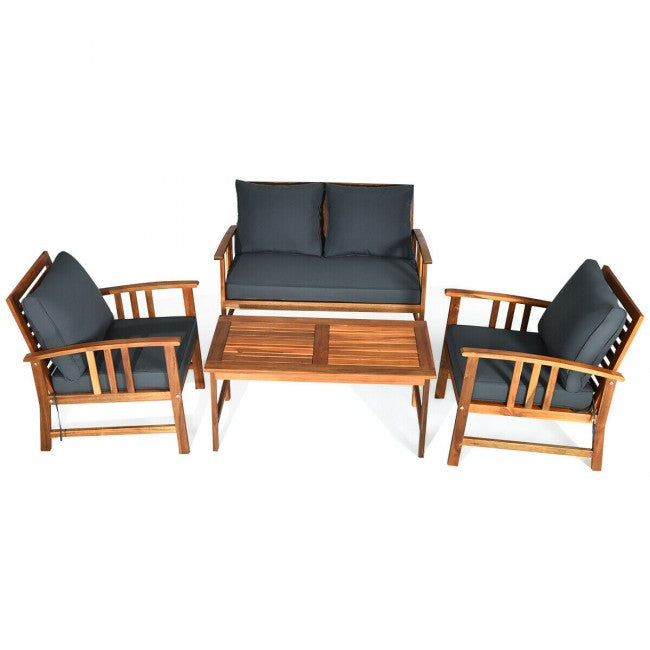 4 Pieces Wooden Patio Sofa Chair Set with Cushion