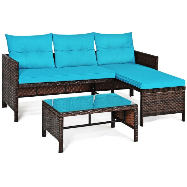 3 Piece Outdoor Patio Corner Rattan Sofa Set