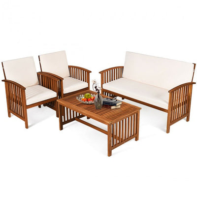 4 Pcs Patio Solid Wood Furniture Set with Water Resistant Cushions