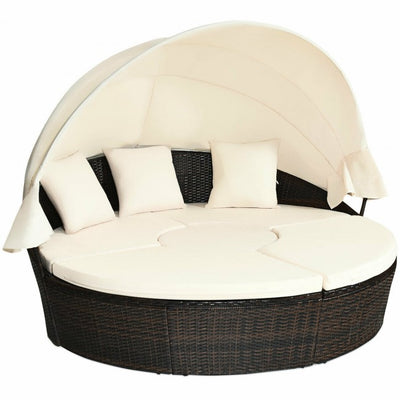 Outdoor Wicker Furniture Sets Patio Round Rattan Daybed With Retractable Canopy