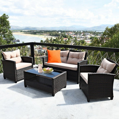 4 Pieces Patio Rattan Furniture Set Outdoor Conversation Sofa Set with Lower Shelf and Coffee Table