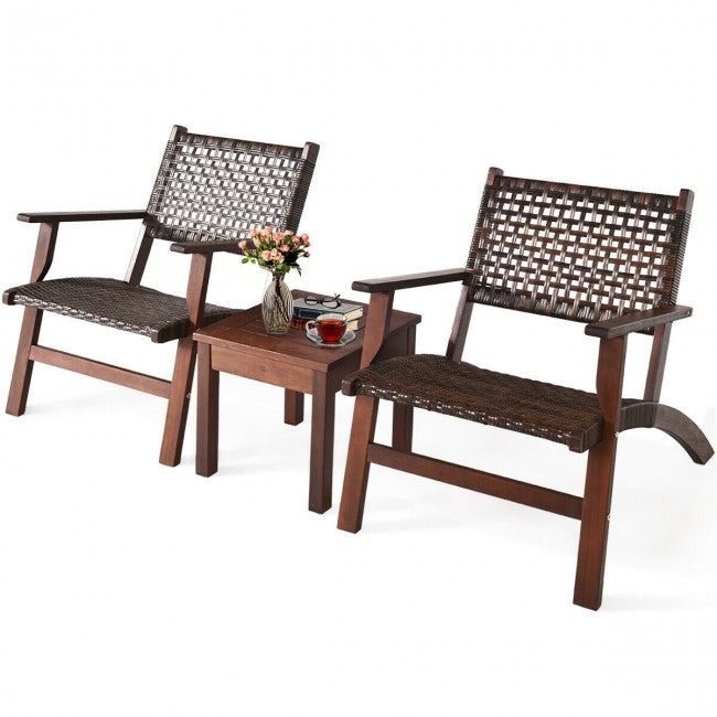 3 Pieces Outdoor Wooden Patio Rattan Furniture Set