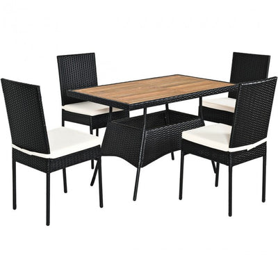 5 Pieces Patio Rattan Dining Set Table with Wooden Top