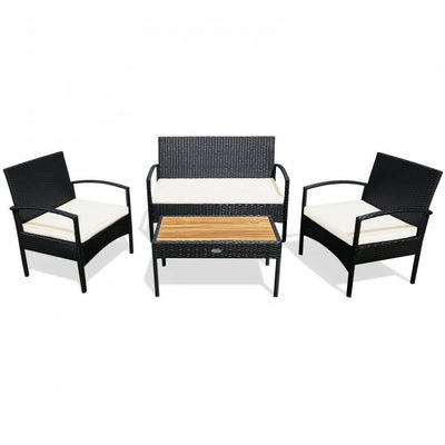 4 Pieces Patio Rattan Furniture Set Sofa Chair Coffee Table with Cushion