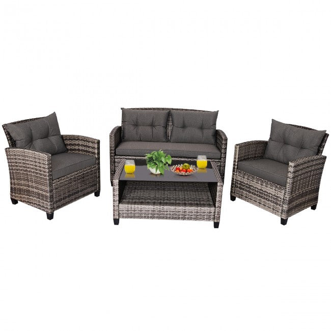 4 Pieces Patio Rattan Furniture Set Coffee Table Cushioned Sofa Set