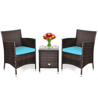 3 Pieces Patio Wicker Rattan Furniture Conversation Set with Coffee Table and Cushion