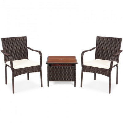 3 PCS Patio Rattan Furniture Bistro Set with Wood Side Table and Stackable Chair