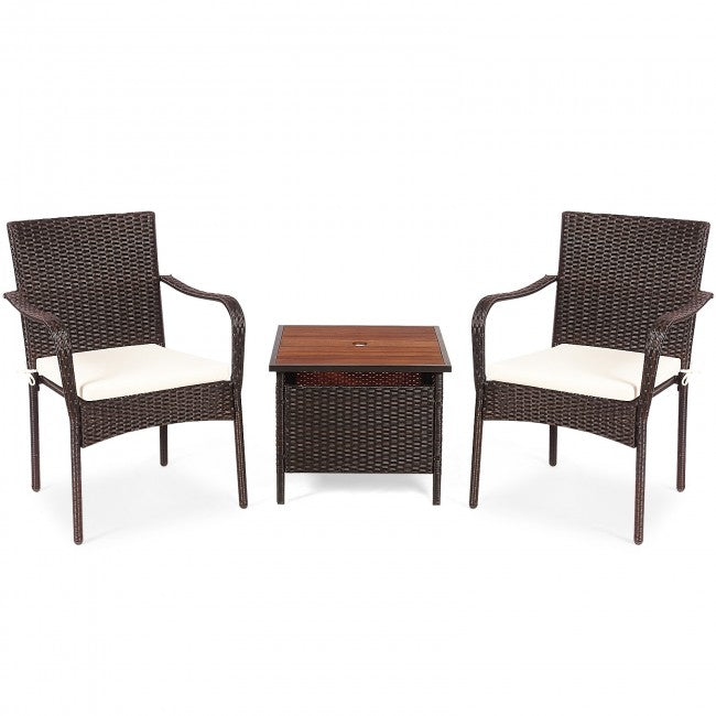 3 PCS Patio Rattan Furniture Bistro Set with Wood Side Table and Stackable Chair