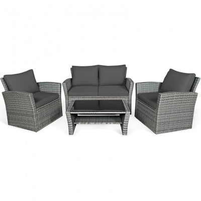 4 Pcs Patio Rattan Furniture Sofa Table Set with Storage Shelf Cushion