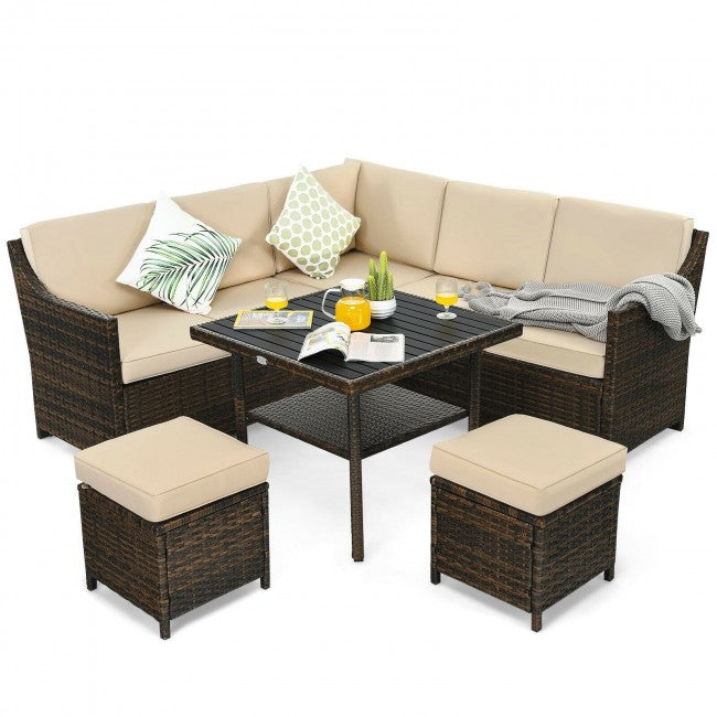 6 Pieces Outdoor Patio Rattan Furniture Set Conversation Sofa Set with Padded Cushion and Table