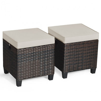 2 Pieces Patio Rattan Ottoman Cushioned Seat