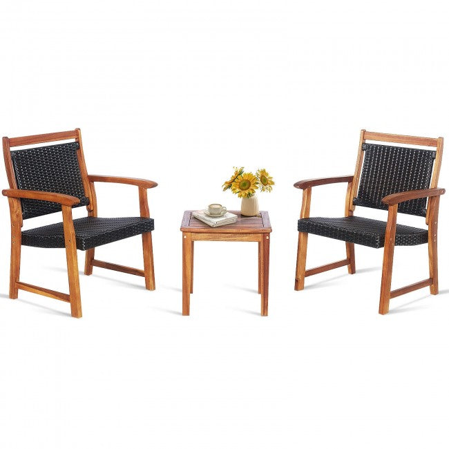 3 Pieces Rattan Bistro Set with Acacia Wood Frame for Garden