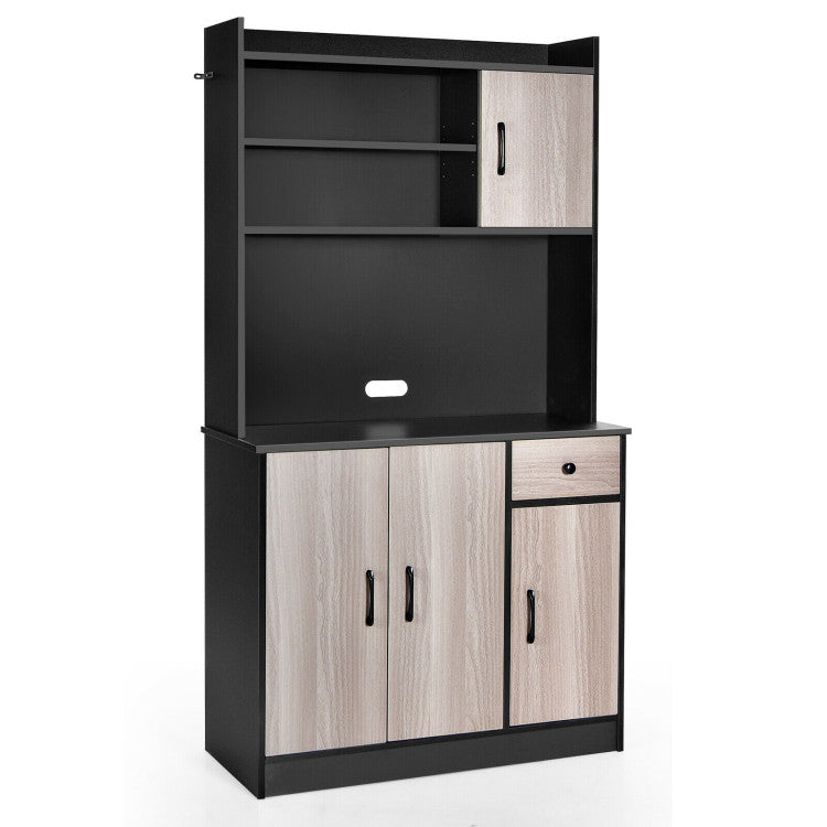4-Door Freestanding Tall Kitchen Pantry Buffet Floor Cabinet Bathroom Storage Sideboard Organizer with Adjustable Shelves and Hutch