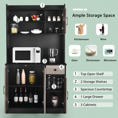 4-Door Freestanding Tall Kitchen Pantry Buffet Floor Cabinet Bathroom Storage Sideboard Organizer with Adjustable Shelves and Hutch