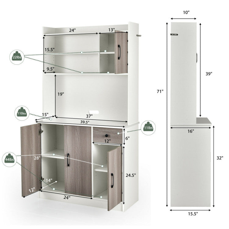 4-Door Freestanding Tall Kitchen Pantry Buffet Floor Cabinet Bathroom Storage Sideboard Organizer with Adjustable Shelves and Hutch