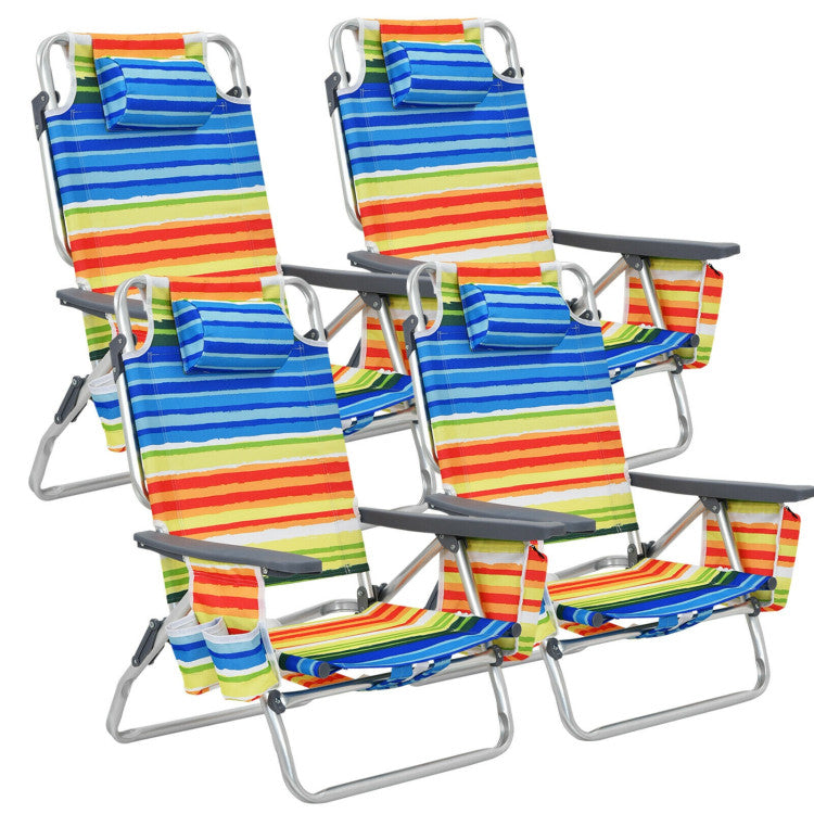4-Pack Folding Beach Chair Set Sling Camping Fishing Chair Outdoor Reclining Sunbathing Chairs with Adjustable Backrest and Storage Bag