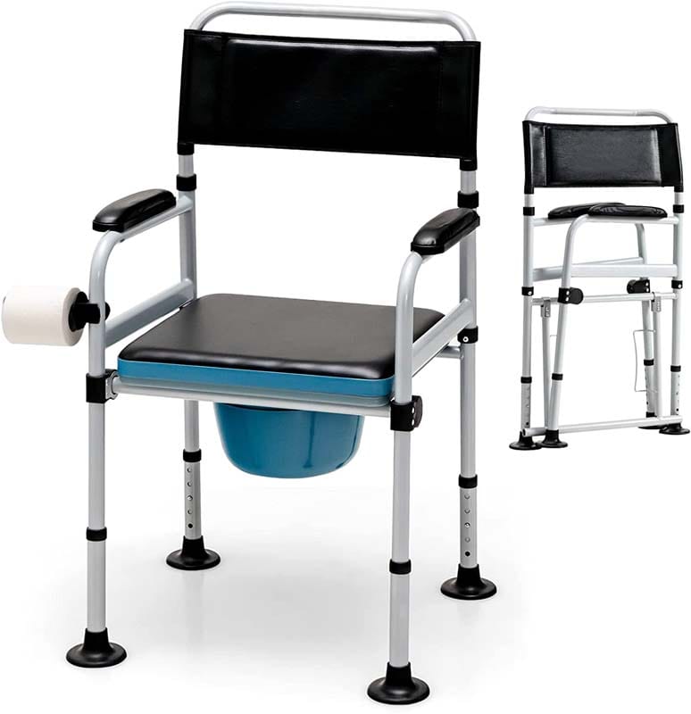 4-in-1 Folding Bedside Commode Chair 440lbs Height Adjustable Shower Chair Adult Potty Chair with Arms Padded Seat for Seniors
