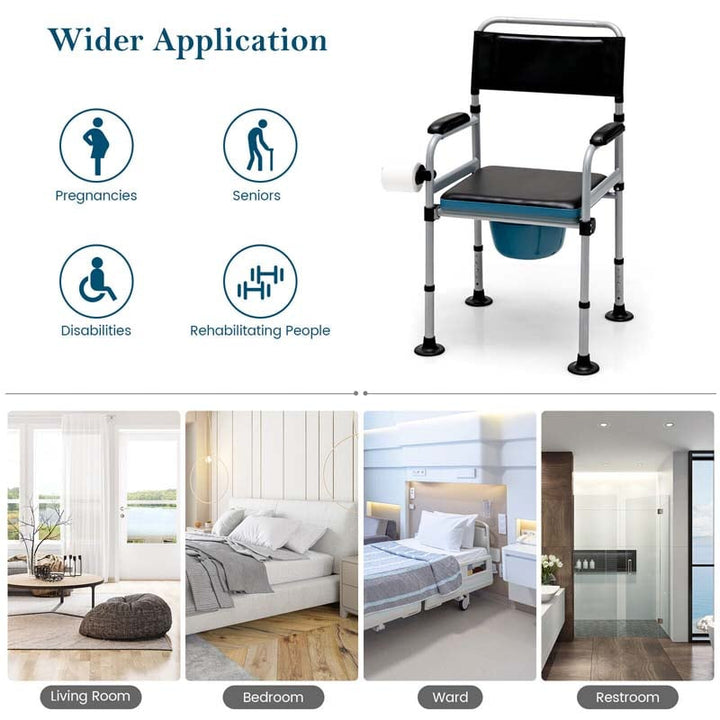 4-in-1 Folding Bedside Commode Chair 440lbs Height Adjustable Shower Chair Adult Potty Chair with Arms Padded Seat for Seniors