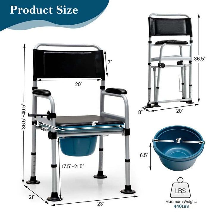 4-in-1 Folding Bedside Commode Chair 440lbs Height Adjustable Shower Chair Adult Potty Chair with Arms Padded Seat for Seniors