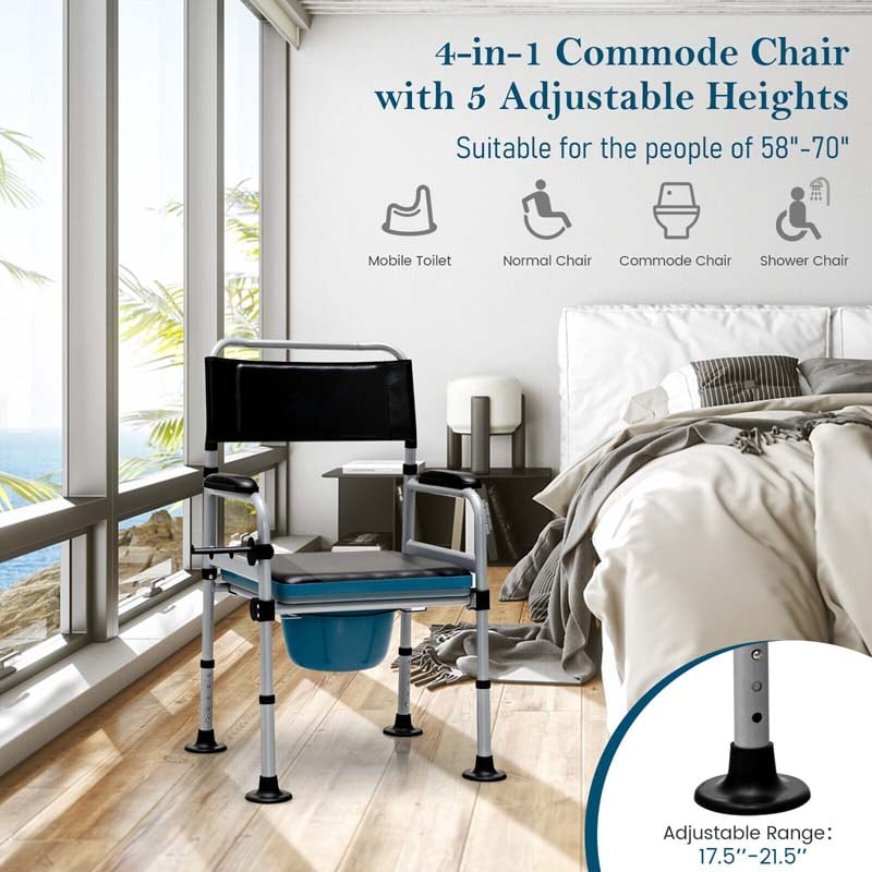 4-in-1 Folding Bedside Commode Chair 440lbs Height Adjustable Shower Chair Adult Potty Chair with Arms Padded Seat for Seniors