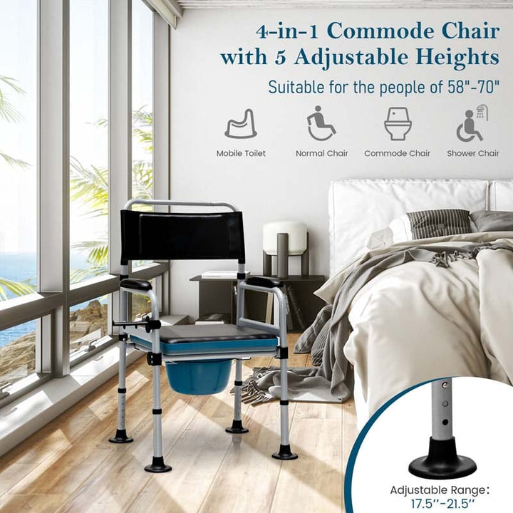 4-in-1 Folding Bedside Commode Chair 440lbs Height Adjustable Shower Chair Adult Potty Chair with Arms Padded Seat for Seniors
