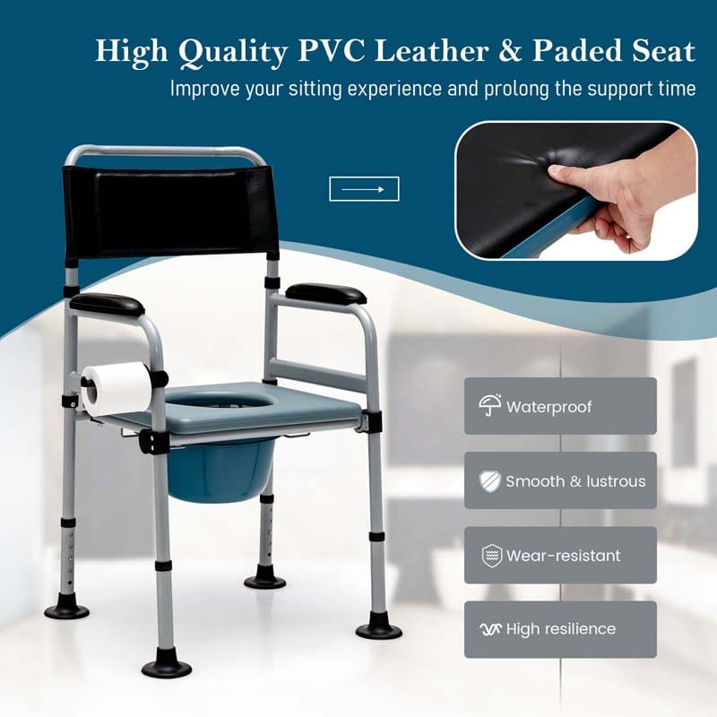 4-in-1 Folding Bedside Commode Chair 440lbs Height Adjustable Shower Chair Adult Potty Chair with Arms Padded Seat for Seniors