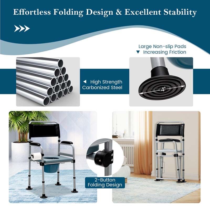 4-in-1 Folding Bedside Commode Chair 440lbs Height Adjustable Shower Chair Adult Potty Chair with Arms Padded Seat for Seniors