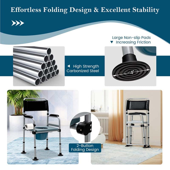 4-in-1 Folding Bedside Commode Chair 440lbs Height Adjustable Shower Chair Adult Potty Chair with Arms Padded Seat for Seniors