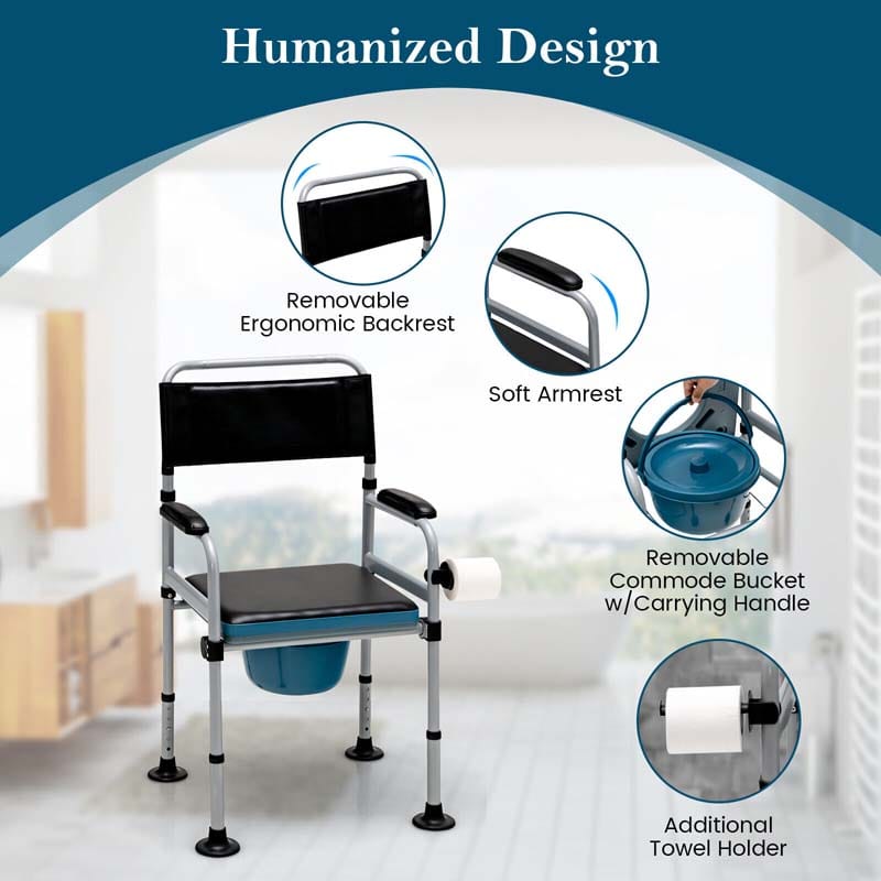 4-in-1 Folding Bedside Commode Chair 440lbs Height Adjustable Shower Chair Adult Potty Chair with Arms Padded Seat for Seniors