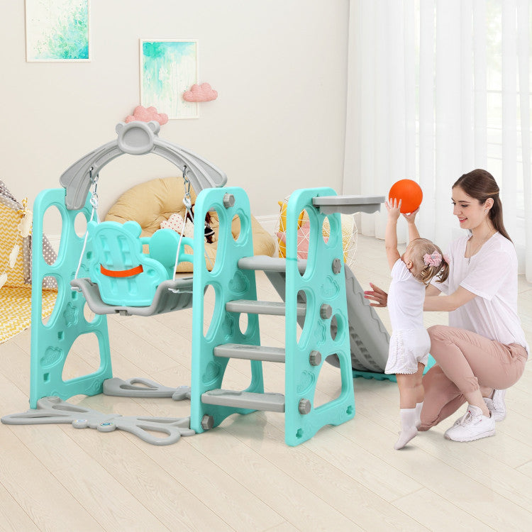 4-in-1 Kids Swing and Slide Set Toddler Climber Slide Playset with Basketball Hoop Safety Belt