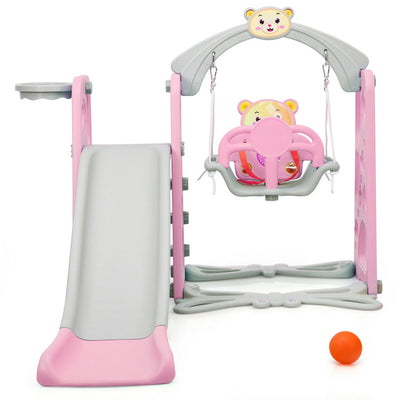 4-in-1 Kids Swing and Slide Set Toddler Climber Slide Playset with Basketball Hoop Safety Belt