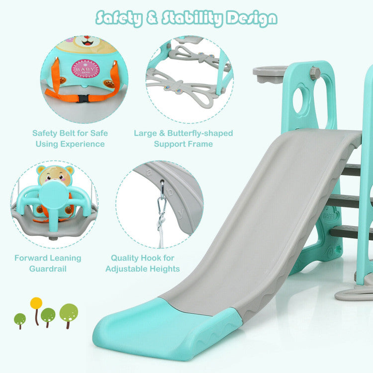 4-in-1 Kids Swing and Slide Set Toddler Climber Slide Playset with Basketball Hoop Safety Belt