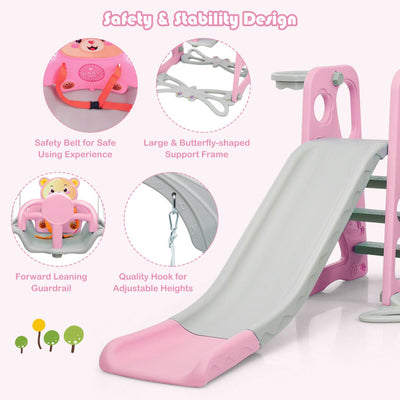 4-in-1 Kids Swing and Slide Set Toddler Climber Slide Playset with Basketball Hoop Safety Belt