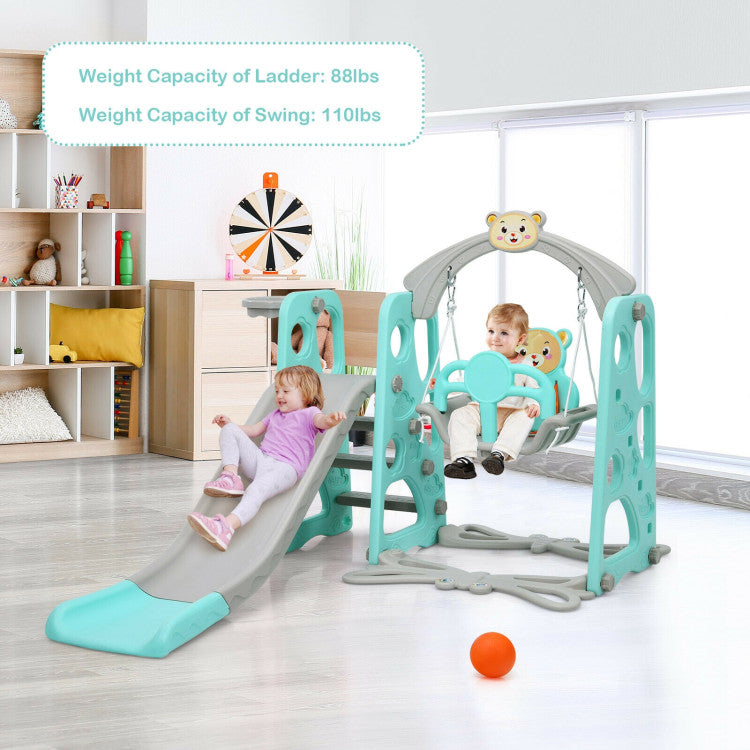 4-in-1 Kids Swing and Slide Set Toddler Climber Slide Playset with Basketball Hoop Safety Belt