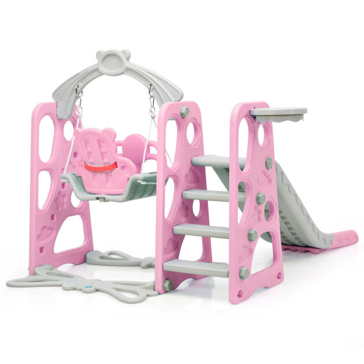 4-in-1 Kids Swing and Slide Set Toddler Climber Slide Playset with Basketball Hoop Safety Belt