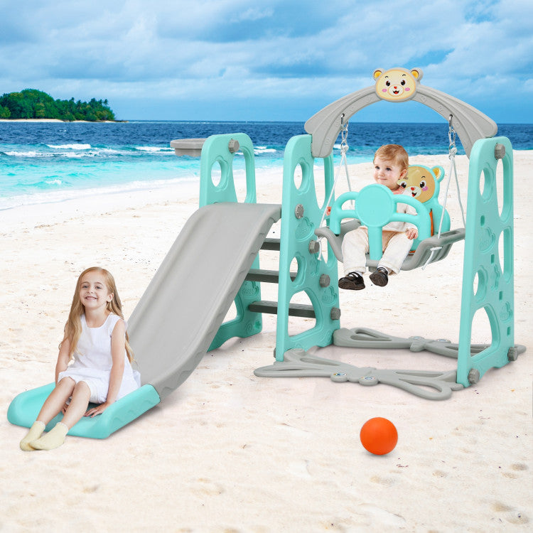 4-in-1 Kids Swing and Slide Set Toddler Climber Slide Playset with Basketball Hoop Safety Belt